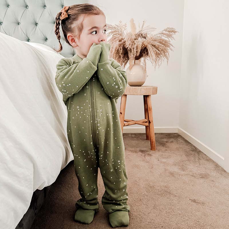 Merino Sleepsuit Warmest with Sleeves Pistachio Stars