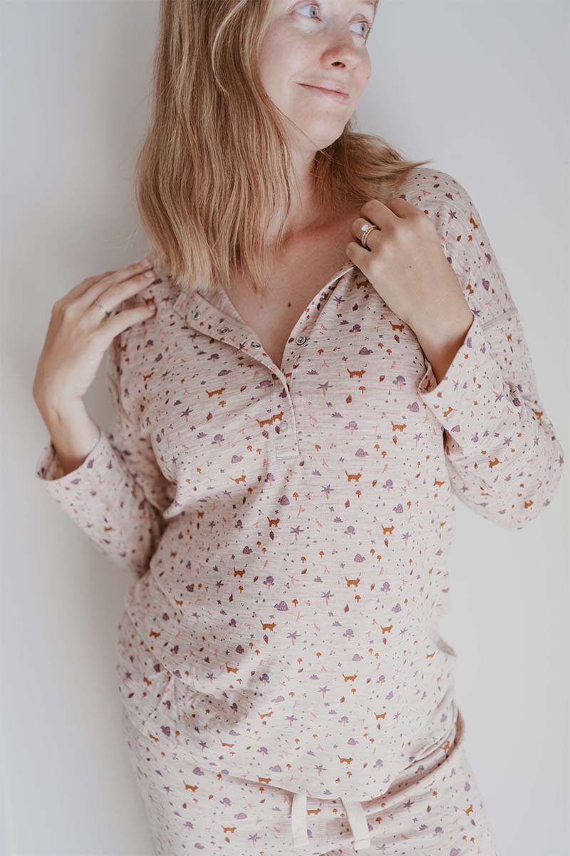 Women's Merino Button Pyjama Forest Print Clay Marle