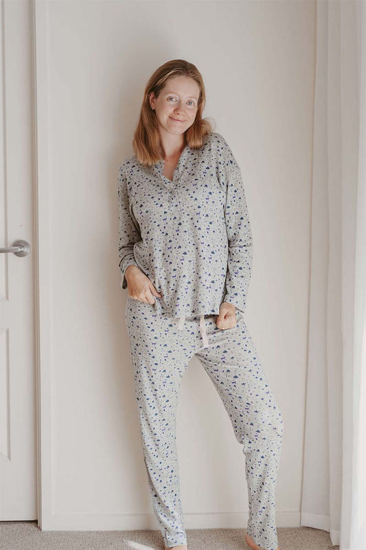 Women's Merino Button Pyjama Forest Print Grey Marle