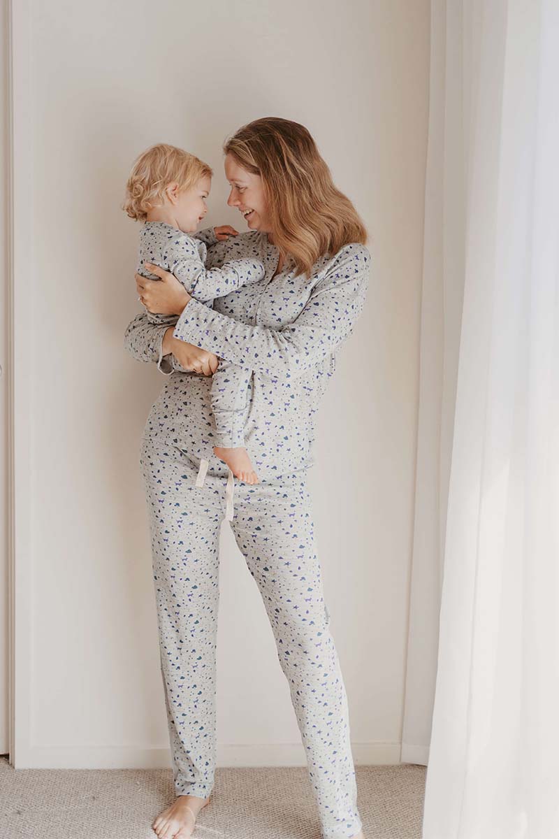 Women's Merino Button Pyjama Forest Print Grey Marle