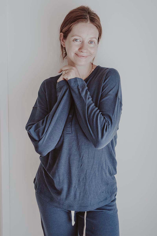 Women's Merino Button Pyjama Set Space Blue
