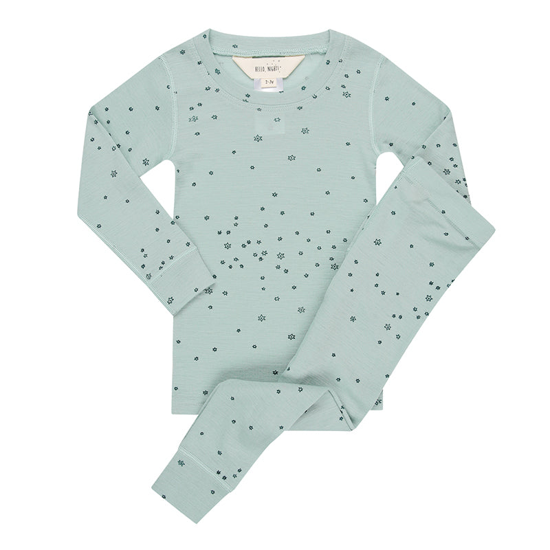 Merino Wool Layer Set Pyjamas Aqua Stars Print
