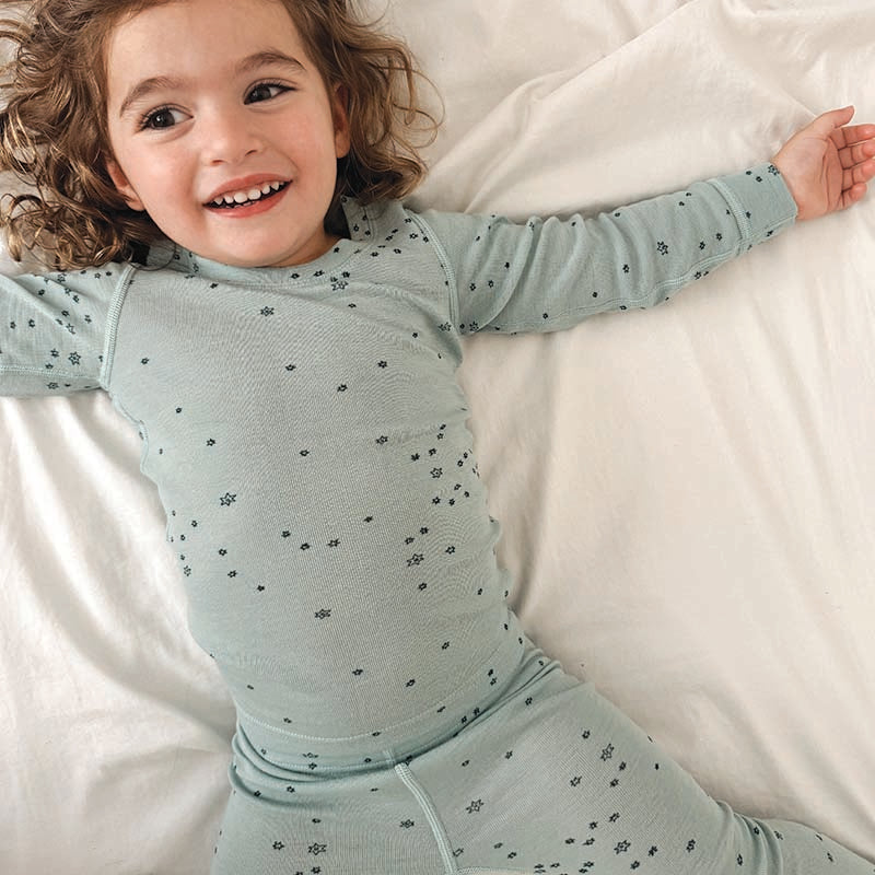 Merino Wool Layer Set Pyjamas Aqua Stars Print