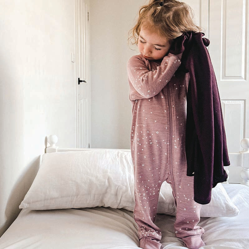 Merino Sleepsuit Warmest with Sleeves Mauve Stars