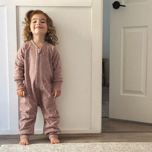 Merino Sleepsuit Warmest with Sleeves Mauve Stars