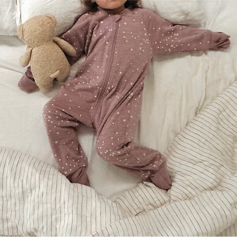 Merino Sleepsuit Warmest with Sleeves Mauve Stars