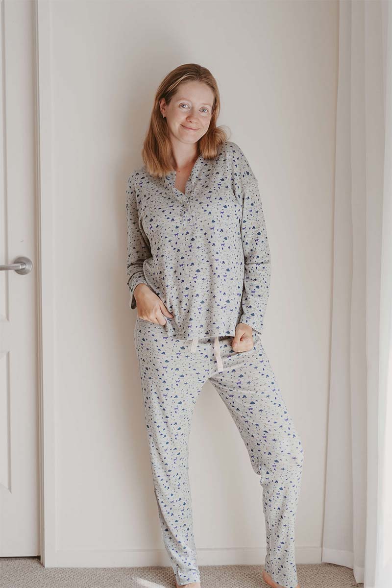 Women's Merino Button Pyjama Forest Print Grey Marle