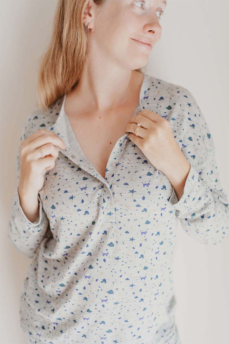Women's Merino Button Pyjama Forest Print Grey Marle