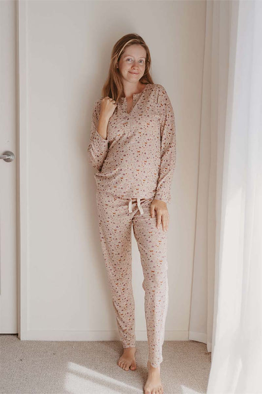 Women's Merino Button Pyjama Forest Print Clay Marle
