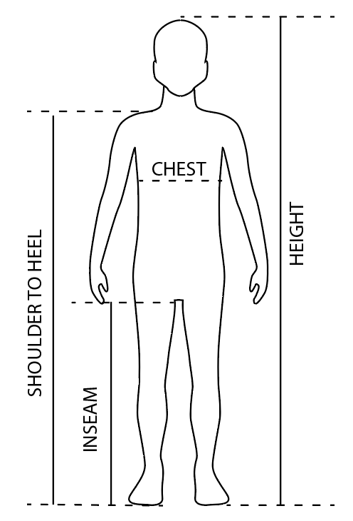 Outline of a child showing where to measure: height from the floor to the top of the head, chest around the fullest part under the arms, shoulder to heel from the top of the shoulder to the heel, and inseam from the crotch to the ankle on the inside of the leg.